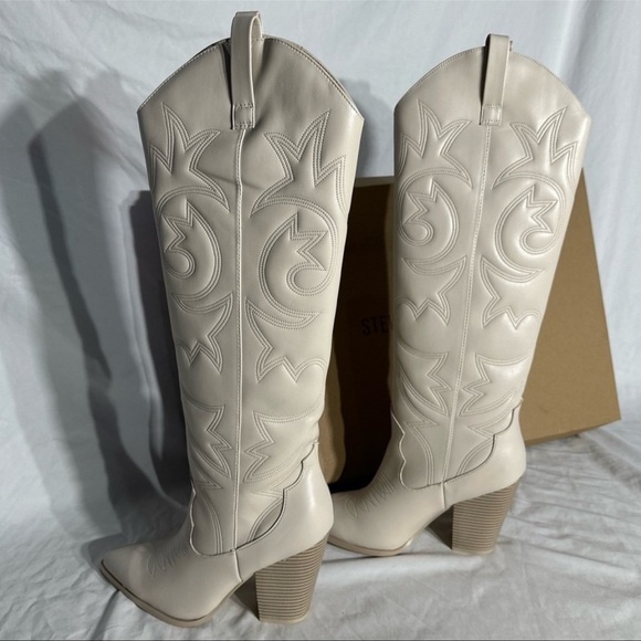 Steve Madden Lasso Lincoln High Bone Beige Cowboy Boots New Womans Knee High - Picture 9 of 11